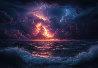 Fototapeta premium Dramatic stormy ocean scene with turbulent waves under dark clouds illuminated by vibrant lightning and fiery orange sunset light