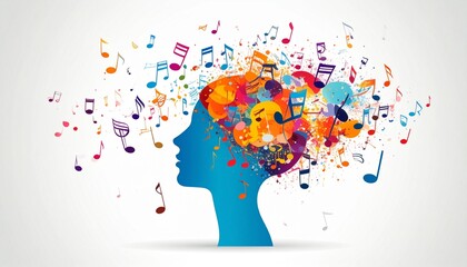 Fototapeta premium Colorful Music Notes Flowing from a Woman's Head Silhouette