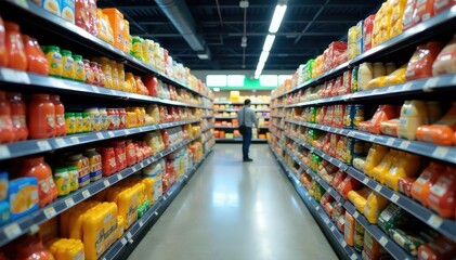 Obraz premium Aisle of colorful grocery products on shelves , packaged goods, grocery shopping