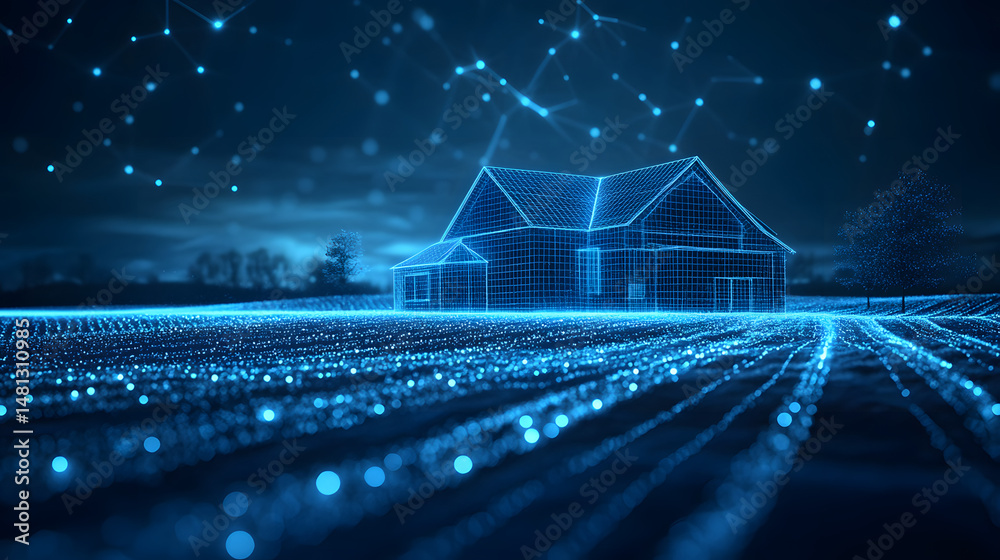 Aufkleber futuristic wireframe house in a glowing field, depicted with blue lines and dots, creating a high-te