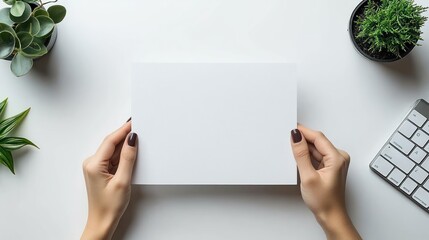 Obraz premium Two hands holding a blank white rectangular paper over a white desk with potted plants and a white keyboard around, conveying simplicity and minimalism
