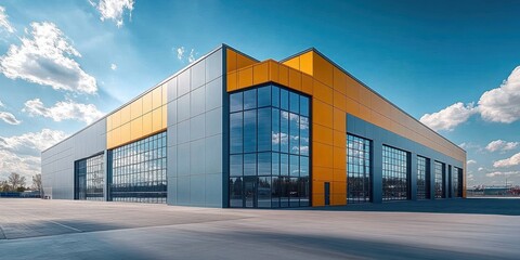 Fototapeta premium Modern industrial warehouse building with orange and gray panels under a bright blue sky with scattered clouds