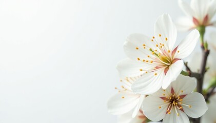 Delicate white flower blossoms on pure white backdrop, bloom, detail, close up