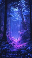 Fototapeta premium A solitary figure walks through a mystical forest illuminated by ethereal lights. surrounded by vibrant foliage and a serene atmosphere. evoking a sense of wonder and exploration