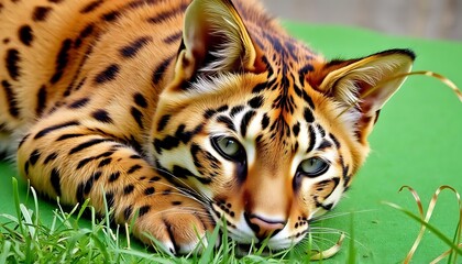 Captivating portrait of a bengal cat resting peacefully on lush green backdrop