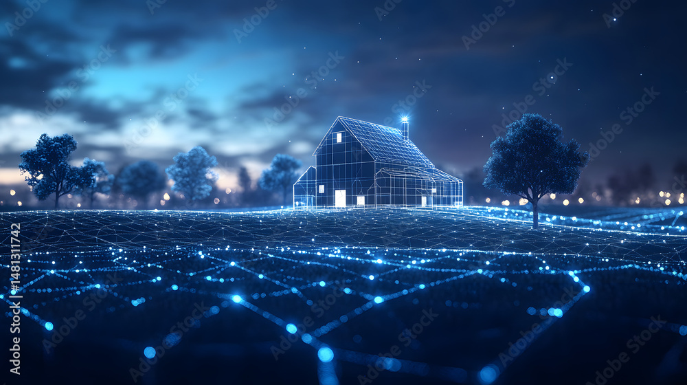 Aufkleber futuristic farmhouse glows under a starlit sky. digital field and serene trees create a tranquil sce