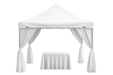 White event showcase tent with draped curtains and covered table setup isolated on a transparent background