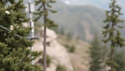 Blured mountain landscape with pine trees and sky lift, perfect for travel concept