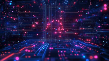 Obraz premium Abstract digital circuit board with glowing neon blue and pink lights representing futuristic technology and data flow in a dark virtual environment