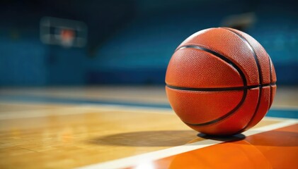 Naklejka premium Close-up of a basketball on a polished court floor, ready for the next game , net, leisure