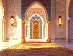 Obraz premium A beautifully designed Moroccan interior featuring an ornate mirror reflecting intricate tile work and warm lanterns. creating a serene ambiance perfect for relaxation or cultural appreciation