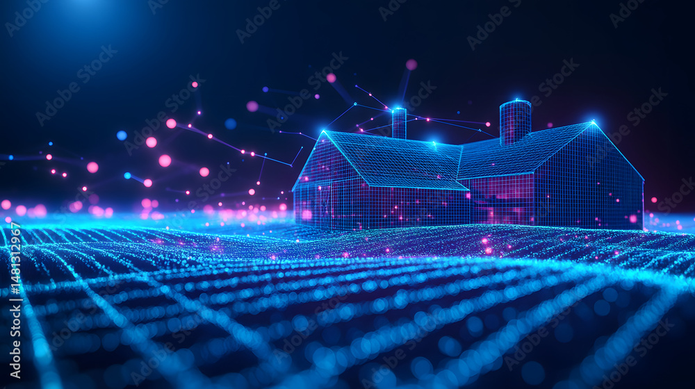 Poster futuristic digital landscape featuring a blue wireframe house with glowing red accents. pink spheres