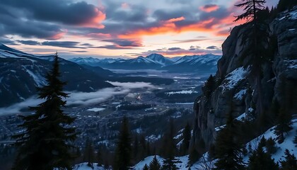 Majestic mountain vista shrouded in mist under a vibrant, colorful sunset painting