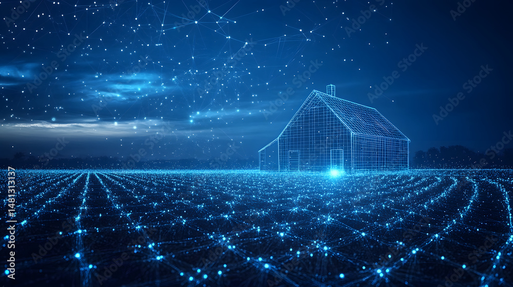 Poster futuristic home concept visualized with a blue wireframe house on a digital grid under a starry sky.