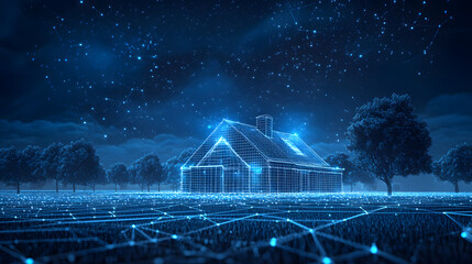 Futuristic digital home glowing blue amidst a networked grid landscape under a starry sky. Tech, connectivity, and innovation converge in this digital dreamscape. Abstract wireframe in dark blue.