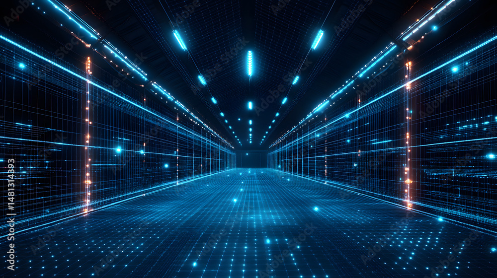 Poster futuristic tunnel illuminated by blue grid lines and orange accents. perfect for representing techno