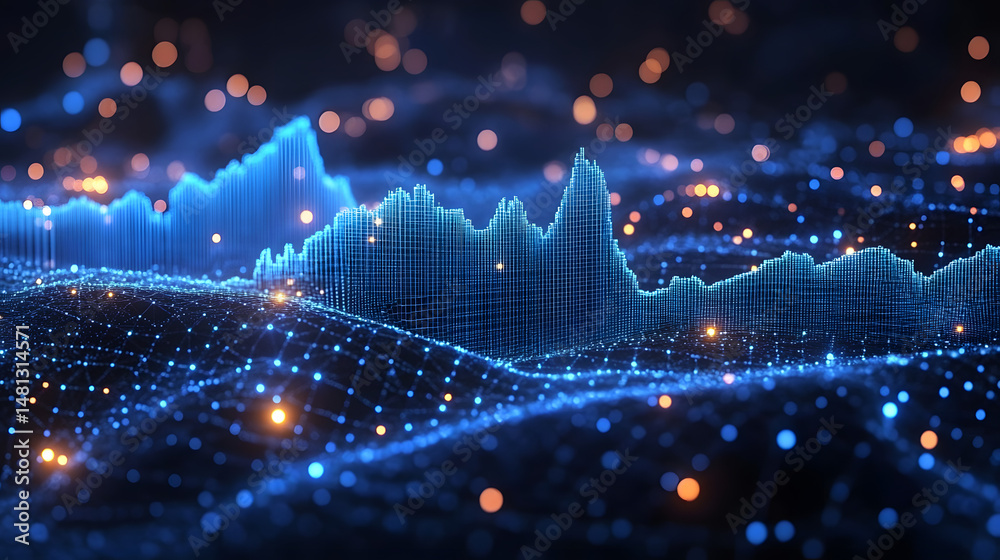 Aufkleber Futuristic digital landscape with interconnected blue wireframe network and data visualization. Bokeh lights add depth. A modern, tech-driven abstract. Abstract wireframe in dark blue