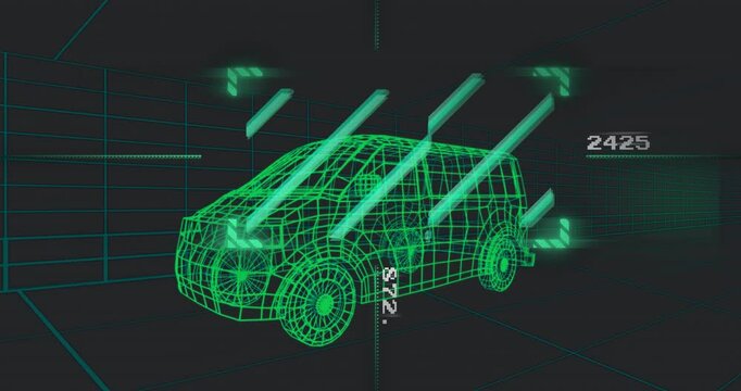 3D wireframe van gliding through neon green grid while scanning bars projecting numeric display