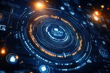 Futuristic digital interface with glowing circular data displays and intricate technological patterns in blue and orange hues conveying advanced technology and innovation