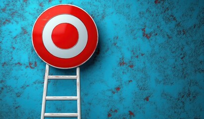 White ladder leaning against a textured blue wall with a red and white target sign mounted above it