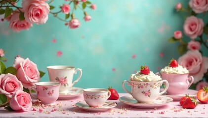 Fototapeta premium Whimsical tea party scene with oversized teacups and cake , tea party, childhood