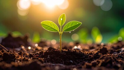 Small green plant grow with water droplet on soil, focus on plant 