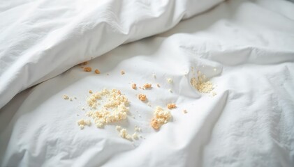 Crumbs and stains on a pristine white duvet cover, crumbs, dirt, white