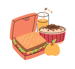Lunch Box with healthy food and drinks. Sandwich, juice, fruits. Flat vector illustration.