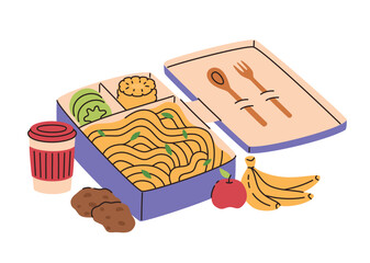 Lunch Box with healthy food. Spaghetti, fruits, vegetables. Flat vector illustration.