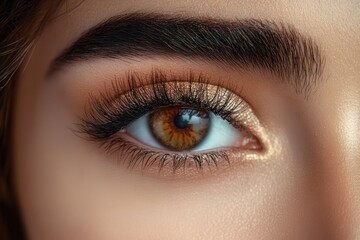Obraz premium close-up of a brown eye with long eyelashes and well-defined eyebrow, smooth skin texture and subtle golden eyeshadow creating a calm and focused expression