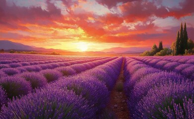 Fototapeta premium Vibrant sunset over vast lavender fields with rows of blooming purple flowers and distant mountains under a colorful sky