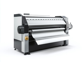 A vacuum former machine, isolated on a clean white background, with its plastic forming sheets and sleek design, no shadow.