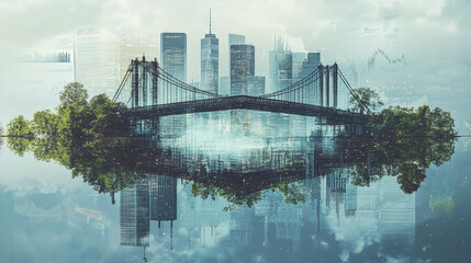 Obraz premium A double exposure of a bridge connecting two islands, with the islands representing two companies and the bridge symbolizing the merger. 