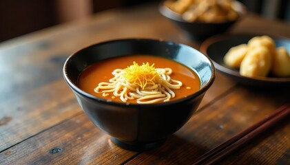 Empty ramen bowl, chopsticks, gyoza on wooden table, bowl, chinese