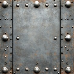 Fototapeta premium Close-up of a weathered metallic surface with multiple large and small rivets, showing rust and texture details conveying an industrial and aged feeling