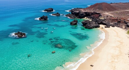 Obraz premium Pristine beach with turquoise water and volcanic rocks. Clear, shallow water, perfect for swimming and sunbathing