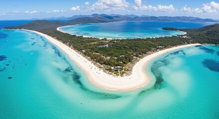 Fototapeta premium Pristine white sand beach, turquoise waters, and lush greenery. Aerial view of a tropical paradise