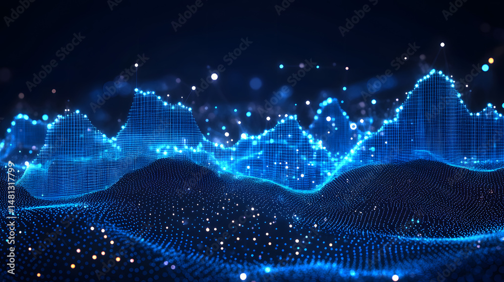 Aufkleber Digital landscape visualization featuring blue dots forming an undulating surface and geometric mountain peaks of glowing blue lines. Scattered dots add depth to the abstract wireframe in dark blue.