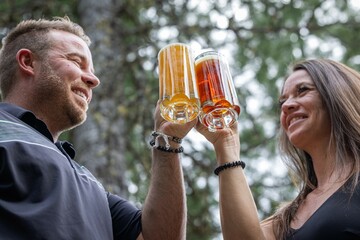 Couple celebrating and cheering with beer pints for National Beer Lover's Day.