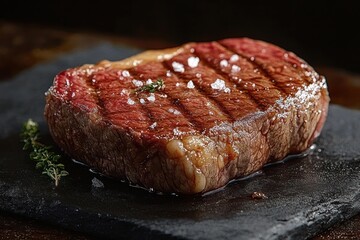 Juicy grilled steak seasoned with coarse salt and garnished with fresh herbs served on a black slate plate