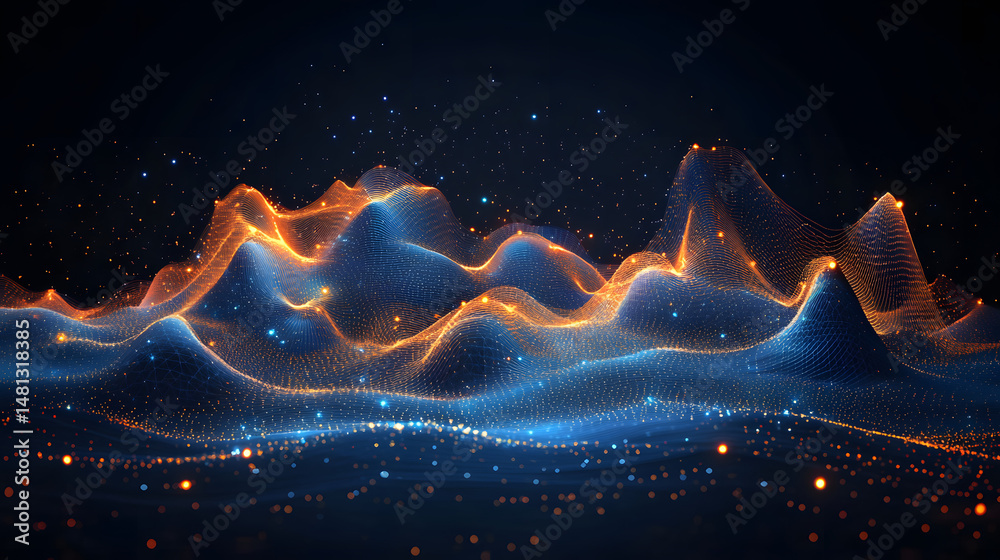 Poster Abstract landscape of glowing particles and interconnected lines. Blue and orange hues create a sense of technological sophistication, energy and ethereal beauty. Abstract wireframe in dark blue.