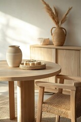 A serene interior scene featuring a wooden dining table with a woven basket of pastries. a minimalist vase. and a natural wood cabinet in a softly lit. neutral-toned room