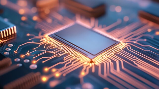 Close-Up of Glowing Orange Circuit Board with Central Microprocessor