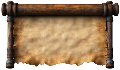 An old blank parchment paper scroll with torn edges and a textured wooden frame on white background