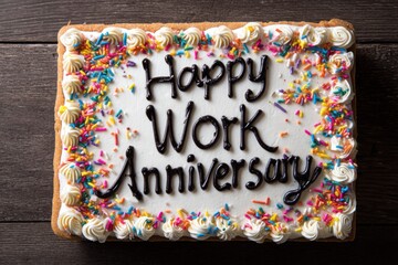 A square cake with white frosting and colorful sprinkles saying happy work anniversary