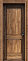 Solid wooden door with natural grain texture and silver handle, framed by decorative wooden trim, evoking warmth and craftsmanship