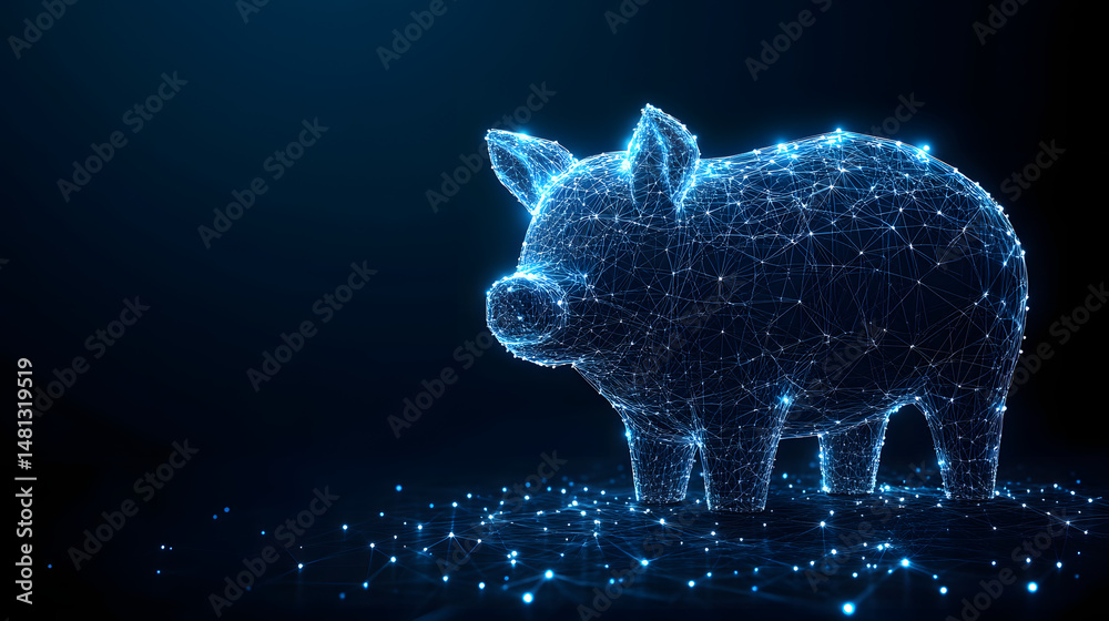Poster Futuristic piggy bank concept. Interconnected blue lines and nodes form a wireframe pig on a matching surface. A modern take on savings, ideal for finance themes. Abstract wireframe in dark blue.