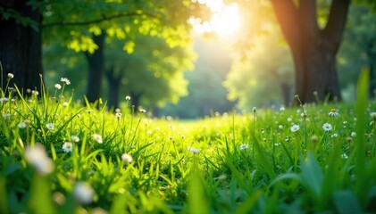 Obraz premium Lush green meadow with vibrant foliage, sunlit , nature, summer