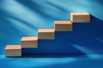 Five wooden blocks arranged as ascending stairs against a blue background casting diagonal shadows with soft natural light