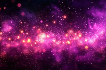 Fototapeta premium Vivid cosmic scene with glowing pink and purple nebulous clouds and sparkling bright yellow and orange stars scattered across the dark space
